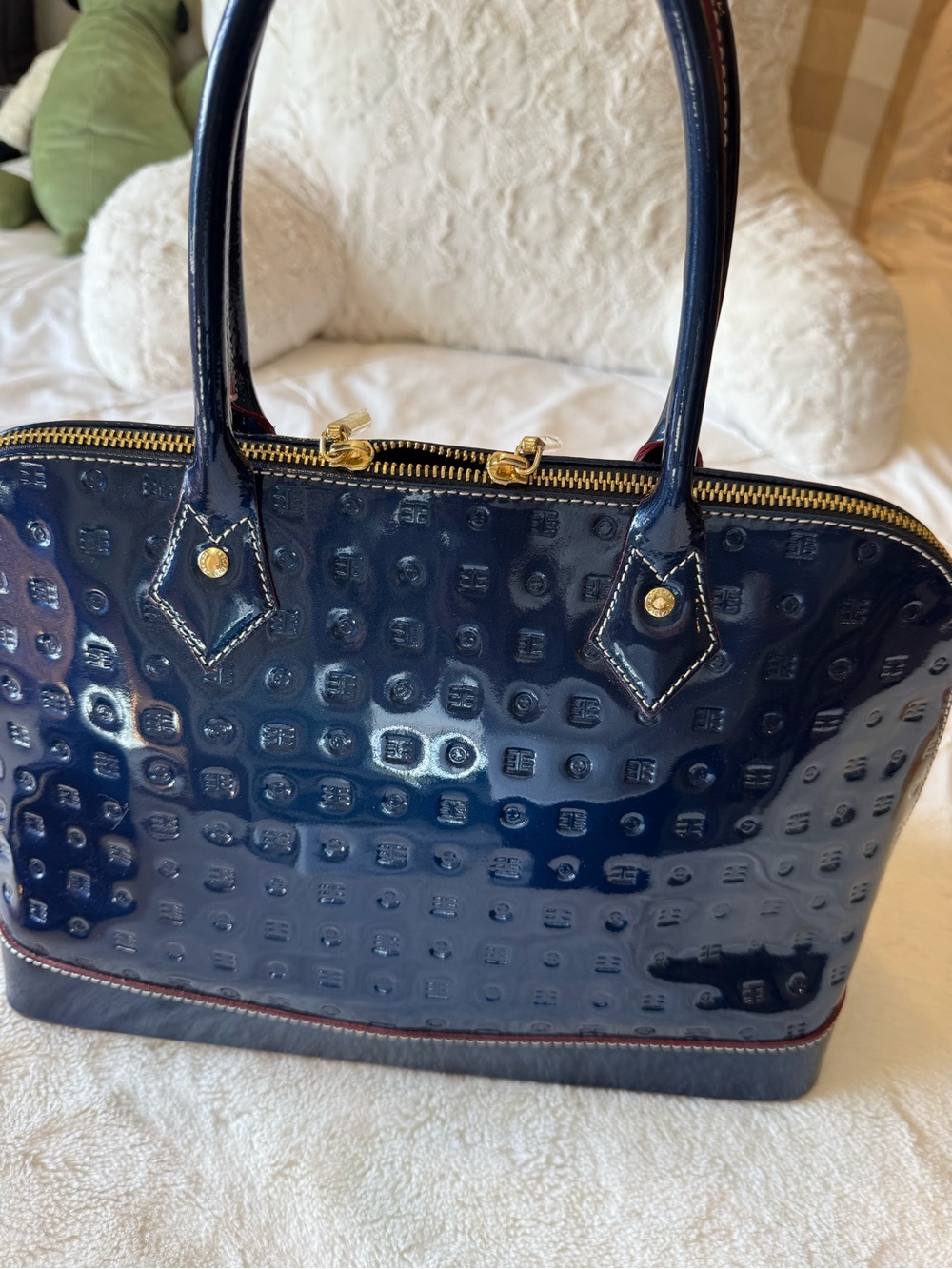 Arcadia Navy Patent Dome Satchel with Gold Hardware - Picture 2 of 13